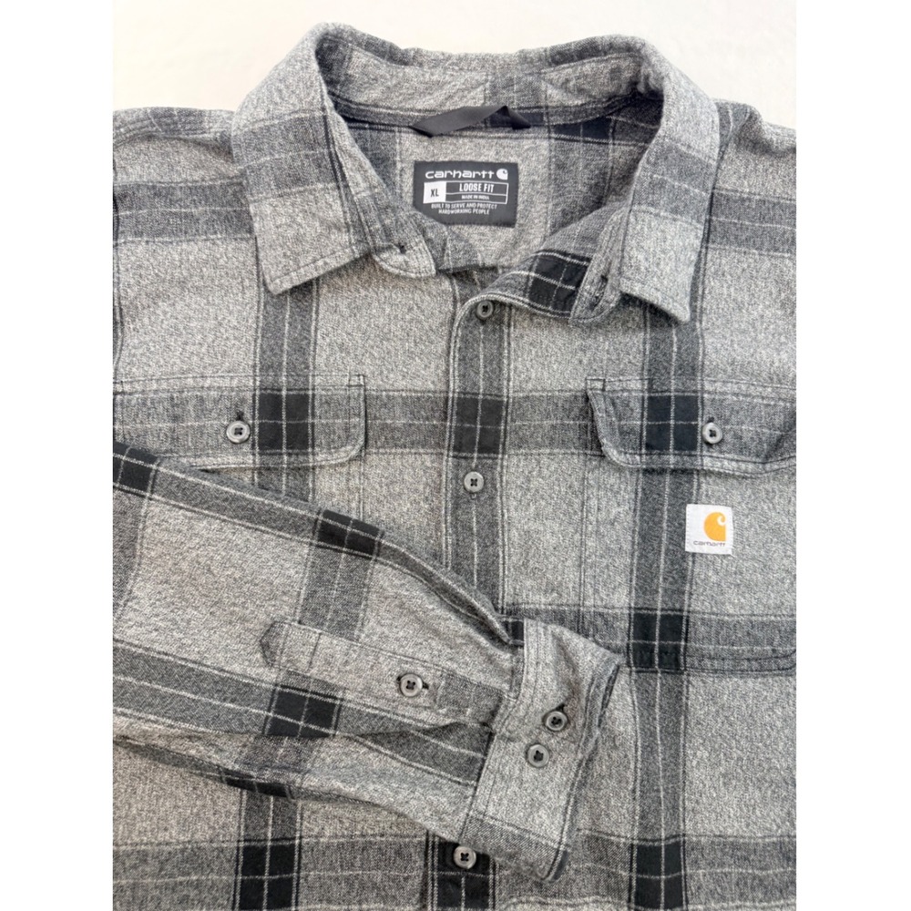 Carhartt flannel button down mens L black grey plaid long sleeve lumberjack camp